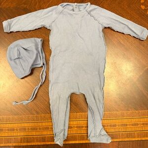 Soft Light Blue Ribbed Footie One-Piece with Matching Bonnet